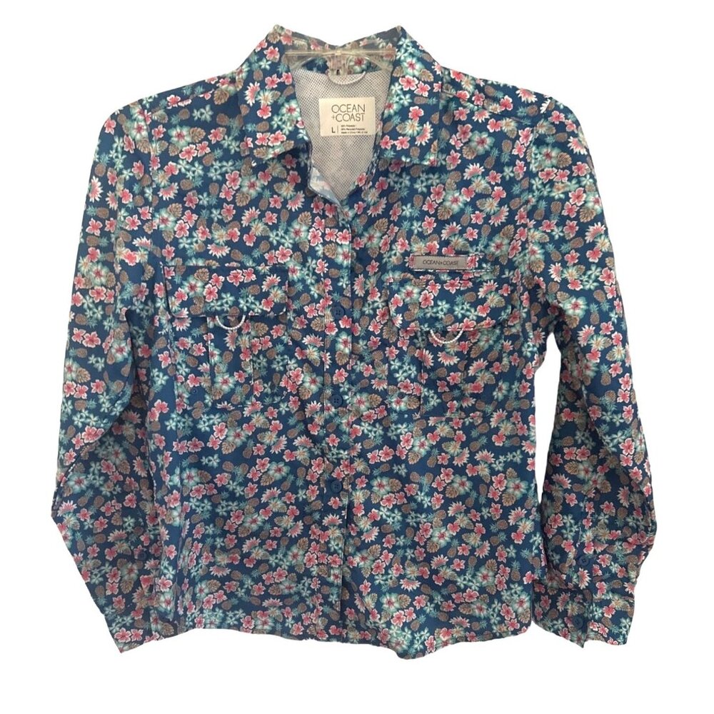Ocean + Coast Girls Blue & Pink Floral Print Top, Large